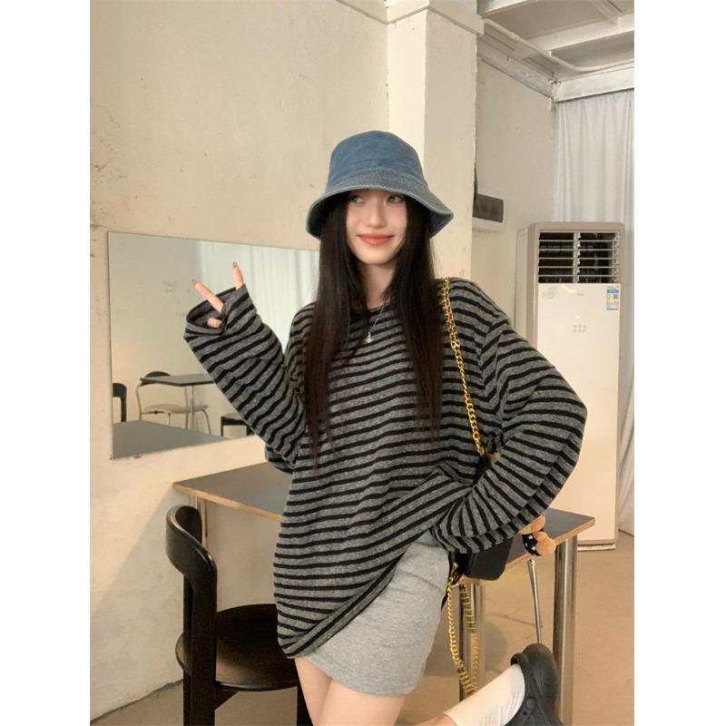 Women's Crew Neck Long Sleeve Tee Loose Fit Commuter Striped Tunic Top Casual Layering Blouse