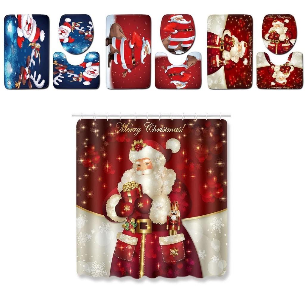 4pcs Christmas Shower Curtain And Toilet Cushion Set Cover Mat For Festive Bathroom Decor