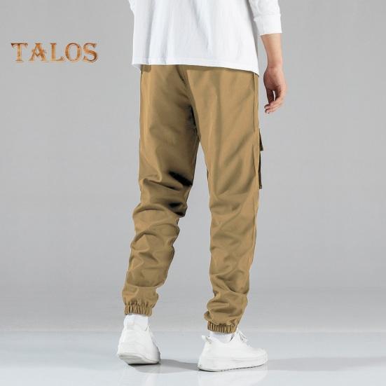 Men Cargo Pants Drawstring Elastic Waist Solid Color Muti Pockets Ankle-banded Loose Sport Trousers Daily Wear Casual Pants