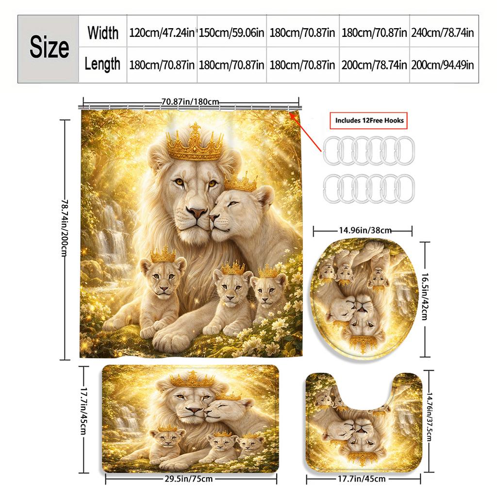 4Pcs Featuring Regal Lions for Your Shower Curtain Set with Non-Slip Bath Mat, Toilet Lid Cover, Contour Rug & 12 Hooks, Bathroom Decor