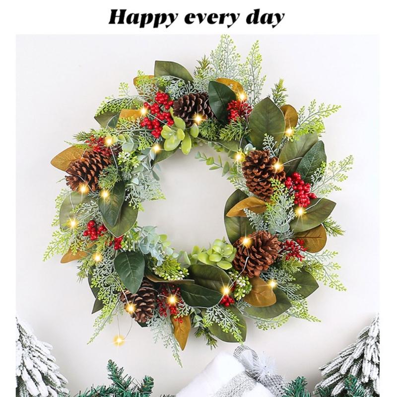 Artificial Wreath LED Light up Christmas Wreath with Pinecone for Front Door Window Yard Garden Christmas Decorations