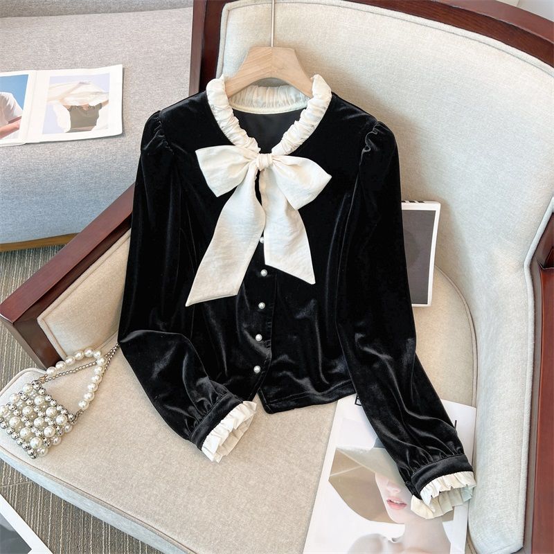 Bow Shirt for Women In Spring, Autumn, and Winter with A Sense of High-end Design, Gentle Temperament, and A Black Velvet Top with Bubble Sleeves