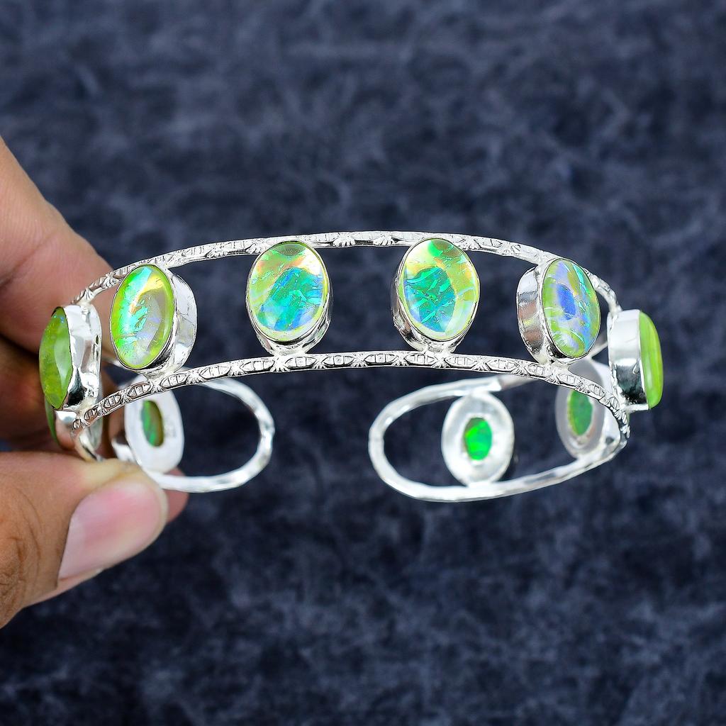 Green Triplet Opal Gemstone 925 Sterling Silver Cuff Bangle Adjustable M-3319