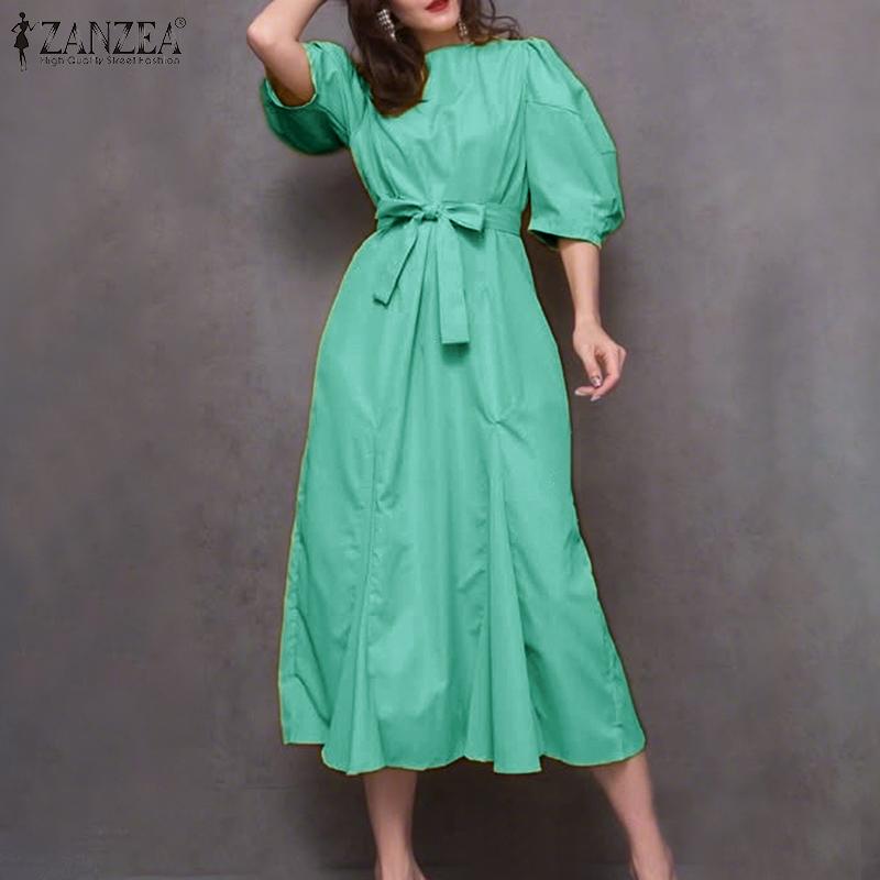 ZANZEA Women Casual Round Neck Loose Half Sleeve Long Dress
