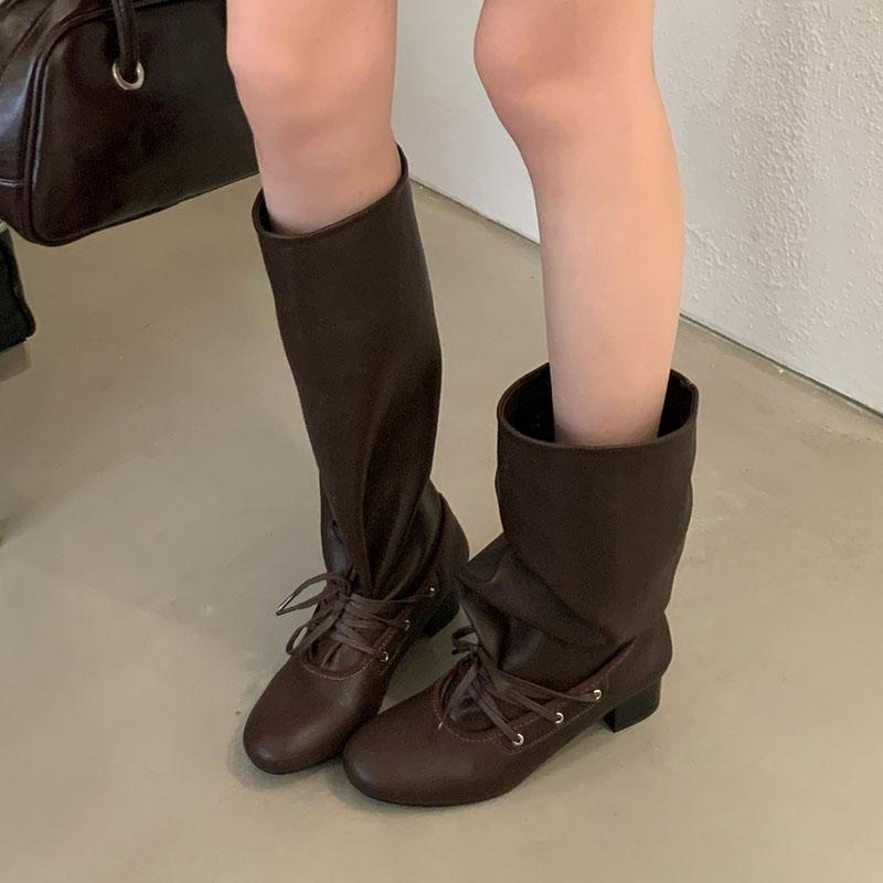 Fashion Female Round Toe Women Knee High Boots With Square Heels Shoes Fashion Lace Up Ladies Modern Long Boots Shoes Pumps