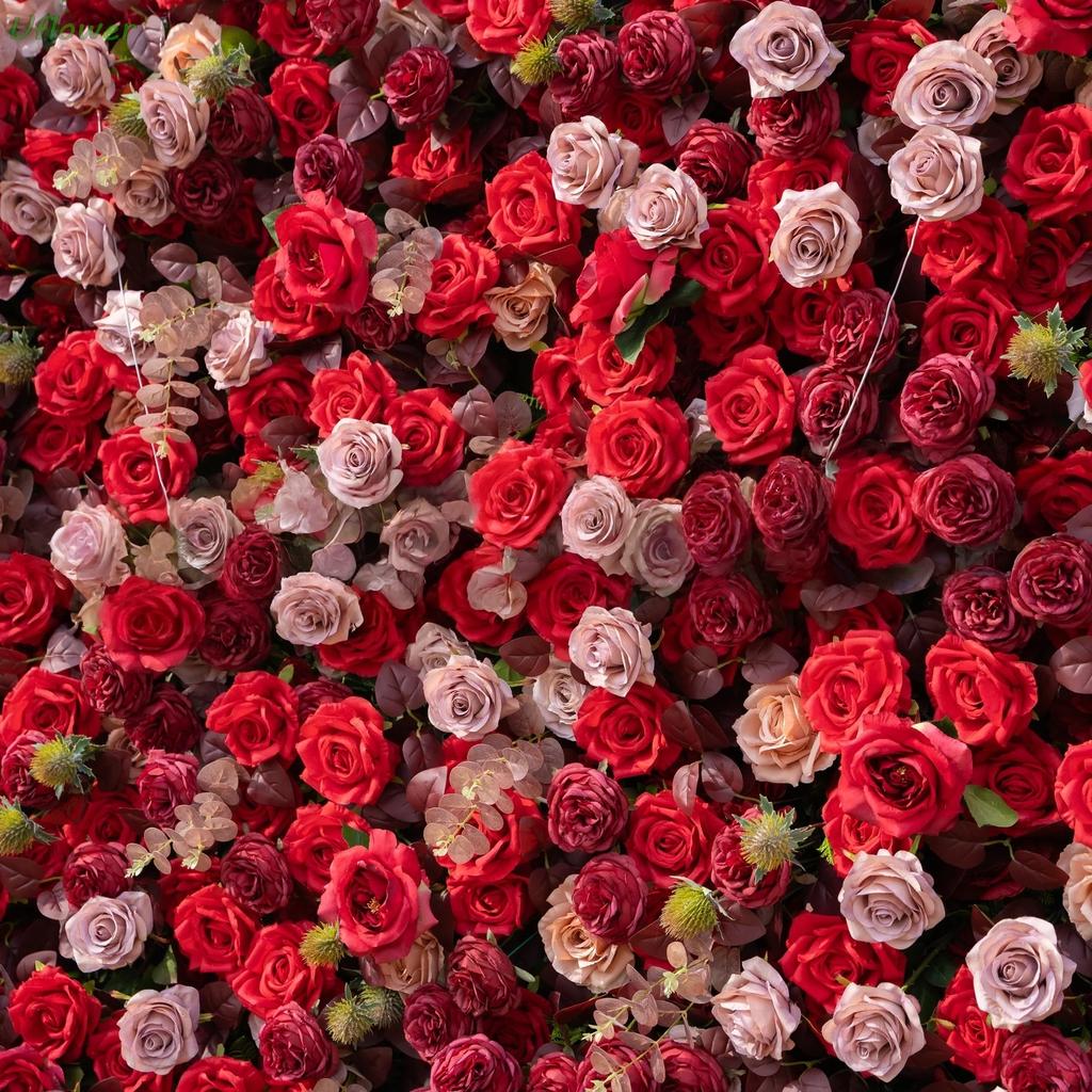 Uflower Red Rose Flower Wall Roll-Up Hanging Fabric Backdrop for Wedding Event Party Decorations Artificial Floral Curtain