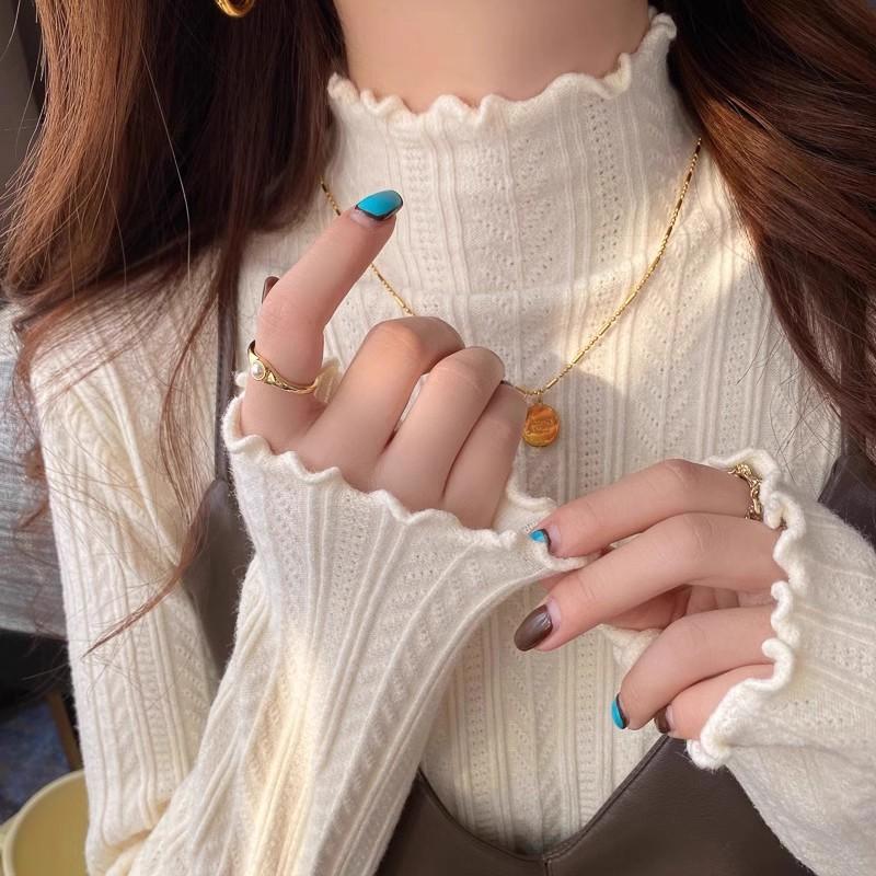 

Белый вязаный базовый слой женский весна осень верхняя одежда полувысокий воротник отделка рюшами топ со средним воротником зимний свитер One Size абрикосовый