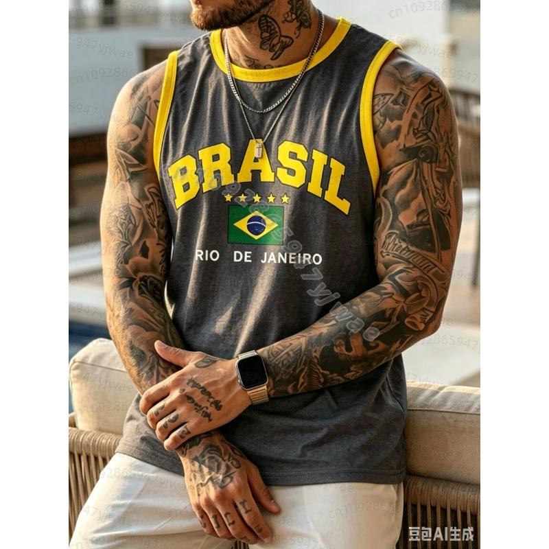 Sommer Mænd GUL BRASIL 10 Print Stribe Rund Hals Afslappet Tanktop Basketball Trøje Vest Kæreste Stil Sport Basketball Vest