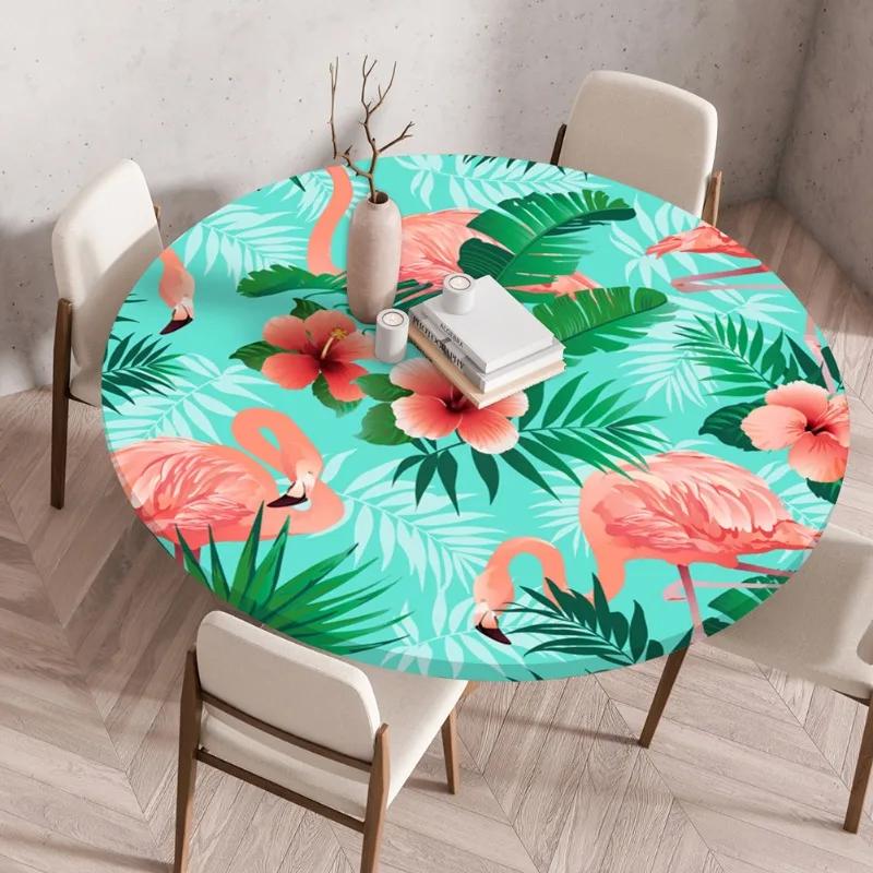 

Waterproof 60-140cm Plant Round Tablecloth Fitted Elastic Palm Leaf Tablecloths Reusable Round Table Cover for Kitchen Diameter 60cm