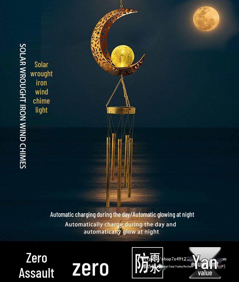 Lumière Carillon Solaire Lune Vent: Décoration Suspendue d'Extérieur en Fer Forgé pour Jardins, Balcons, Terrasses - Étanche.