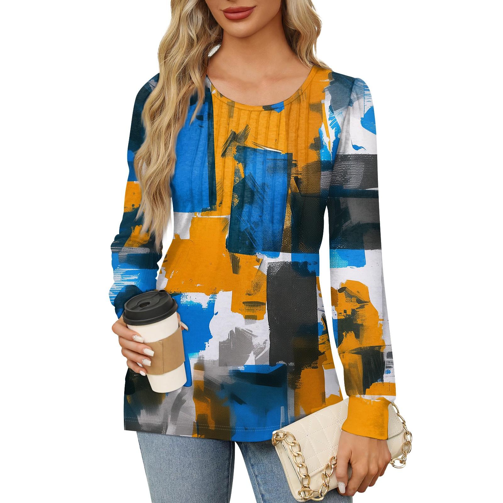 

Женская повседневная плиссированная футболка с круглым вырезом и длинными рукавами с градиентным принтом XL