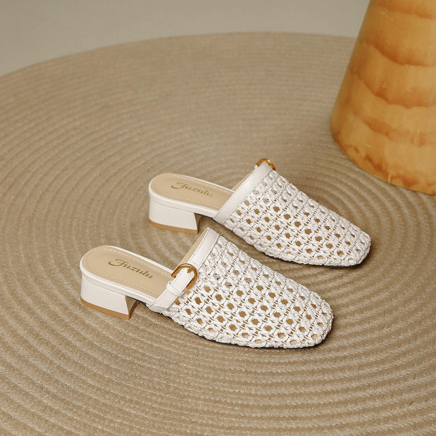 

French retro baotou half slippers women s breathable hollowed out summer new fashion woven mesh muller shoes are not tired 34 белый