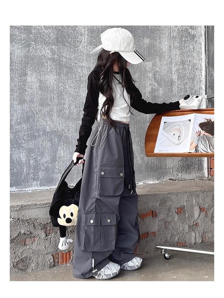 2025 Neue Mädchen Cargo-Hose mit weitem Bein: Stilvolle Herbst-Streetwear für große Kinder