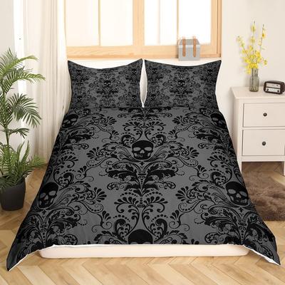 Adults Grey Black Damask Bedding Set Antique Victorian Baroque Duvet Cover Gothic Vintage Floral Bedding Exotic Sugar Skull