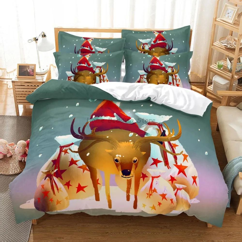 Happy New Year Duvet Cover Set Soft and Breathable Home Decoration Cartoon Santa Claus Reindeer Merry Christmas Bedding Set