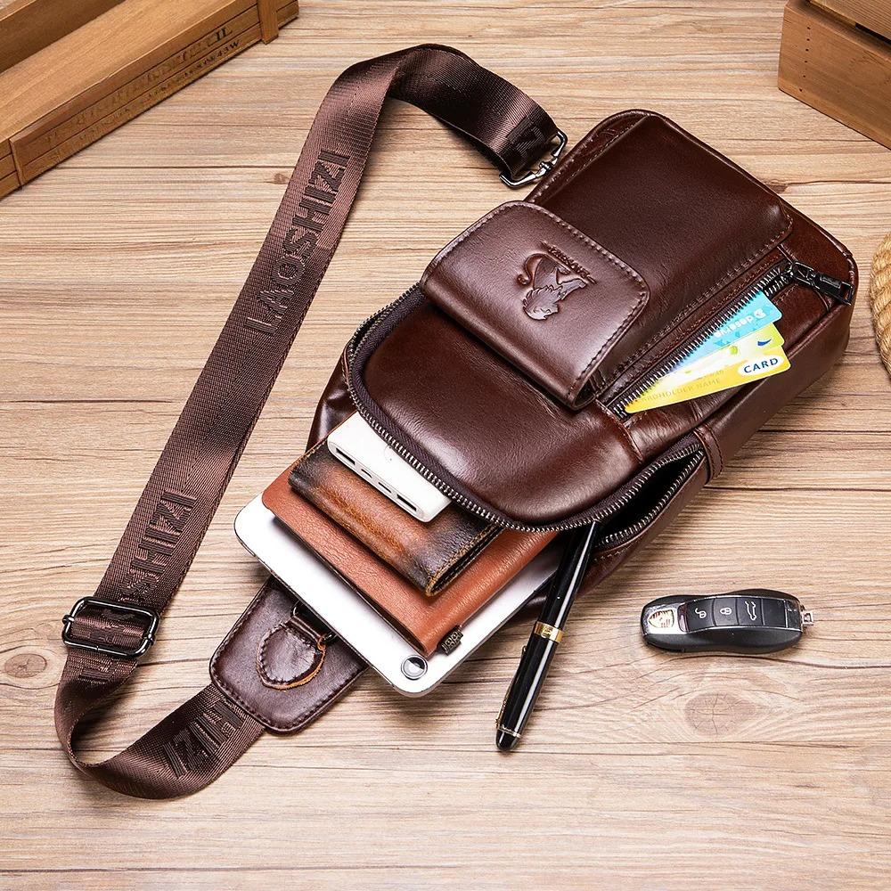 New Men's bag luxury large capacity chest bag for mobile phones and iPads, leather brand shoulder bag for travel