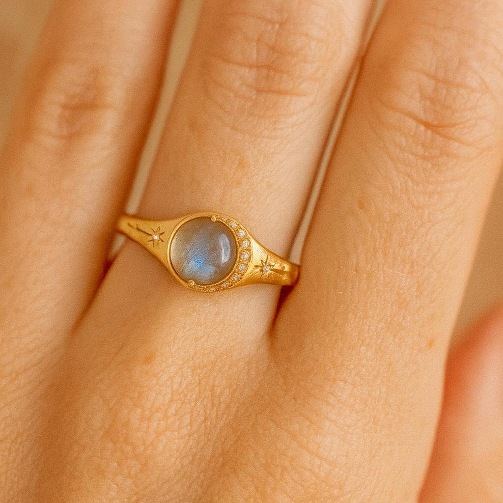 Himmlischer Labradorit-Ring für Damen | Vergoldeter Mondstern 925 Sterlingsilberring mit Zirkonia | Versprechen, Hochzeit, Jubiläumsgeschenk