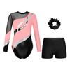 Girls Gymnastics Outfit Long Sleeve Rhinestone Leotard Cutout Back Patchwork Design with Waistband Shorts