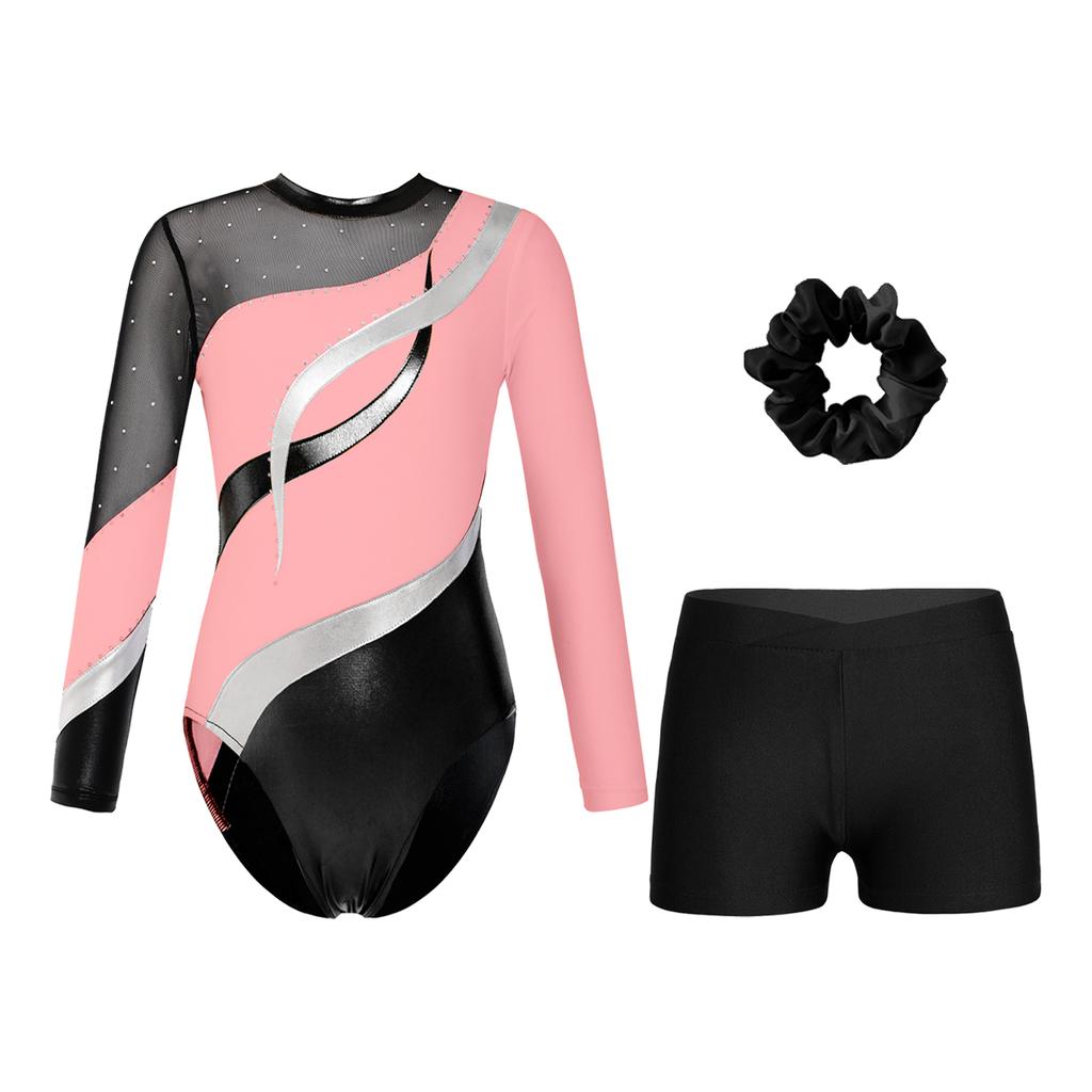 Girls Gymnastics Outfit Long Sleeve Rhinestone Leotard Cutout Back Patchwork Design with Waistband Shorts
