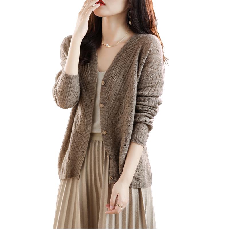 Spring 2023 Women's V-neck Cashmere Cardigan - Lightweight, Pure Wool Knit, Short, Solid Color Sweater.