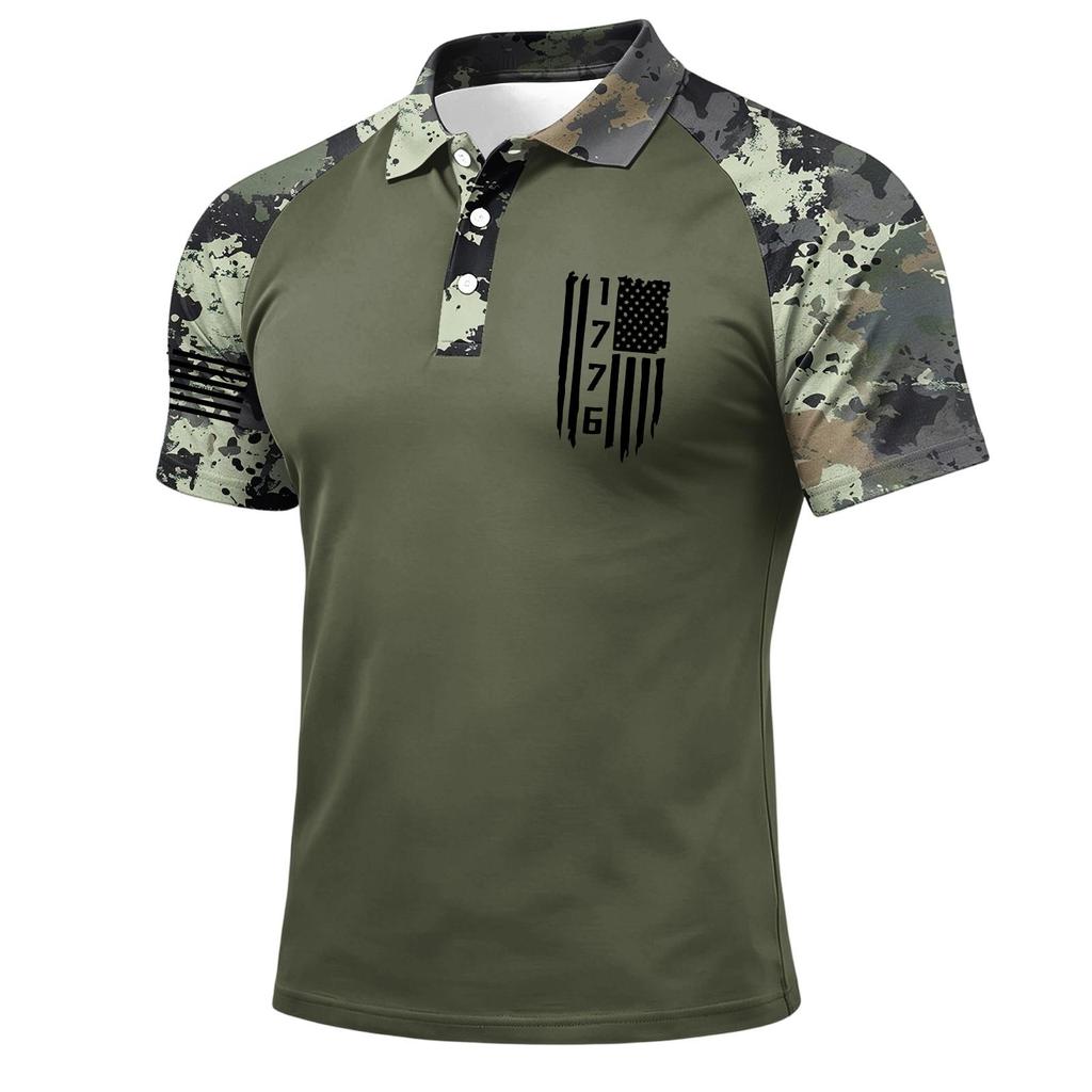 Men Short Sleeve Polo Shirt Button Down Printed Patchwork Design Classic Fit Lightweight Breathable Top