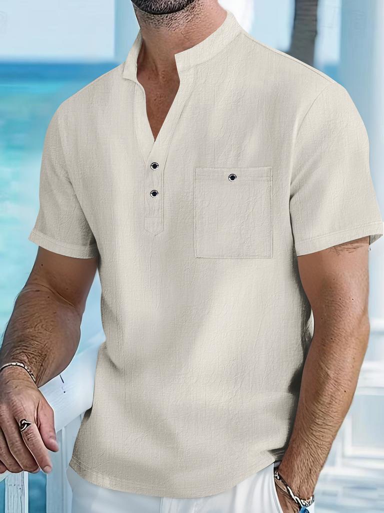 Men's Cotton Linen Short-Sleeve Shirt with Stand Collar & Half-Button Placket - Casual Outdoor Leisure Wear for Spring and Summe