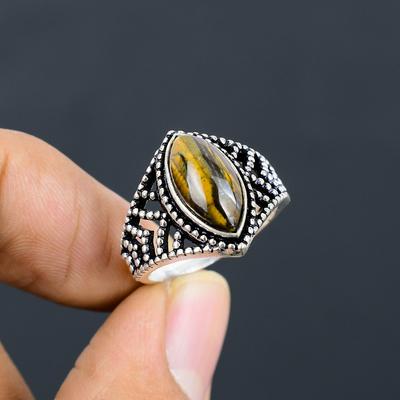 Natural Tiger Eye Gemstone Handmade 925 Sterling Silver Gift Ring Size 8 p7U59