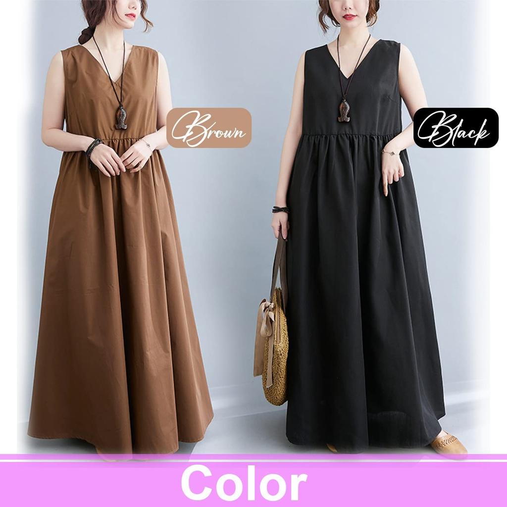 NEKORA Sleeveless Long Summer Solid Sizes Women's V-Neck Dress, M-2XL (M, Brown)
