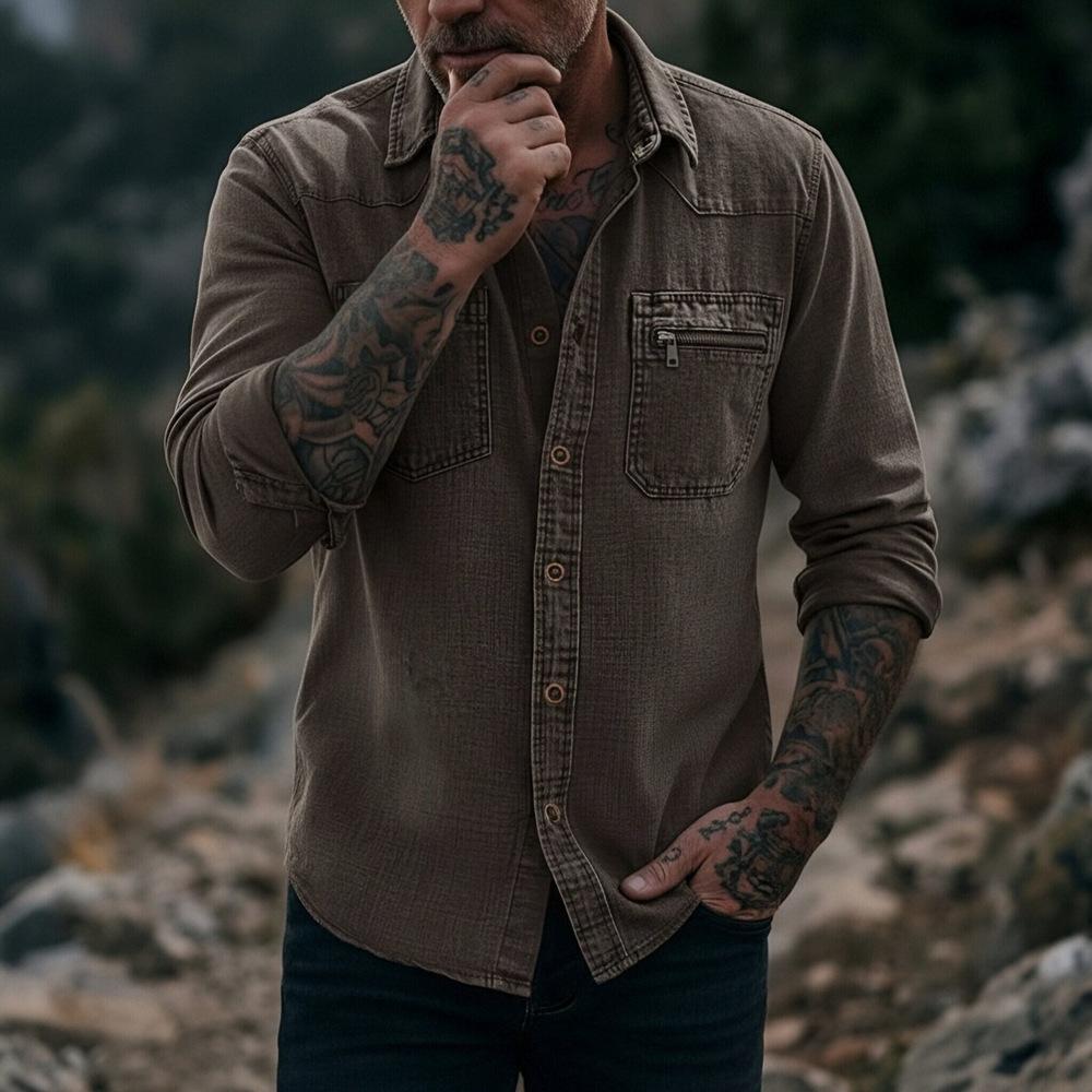 Camicia da uomo vintage in denim lavato a maniche lunghe con bottoni e tasca con zip, casual, da lavoro