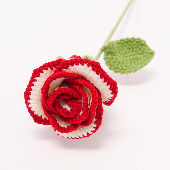 Handmade Crochet Rose Flower Knitted Rose Bouquet with Leaves Valentine's Day Anniversary Birthday Artificial Rose Gift for Women Teacher Mom Friend