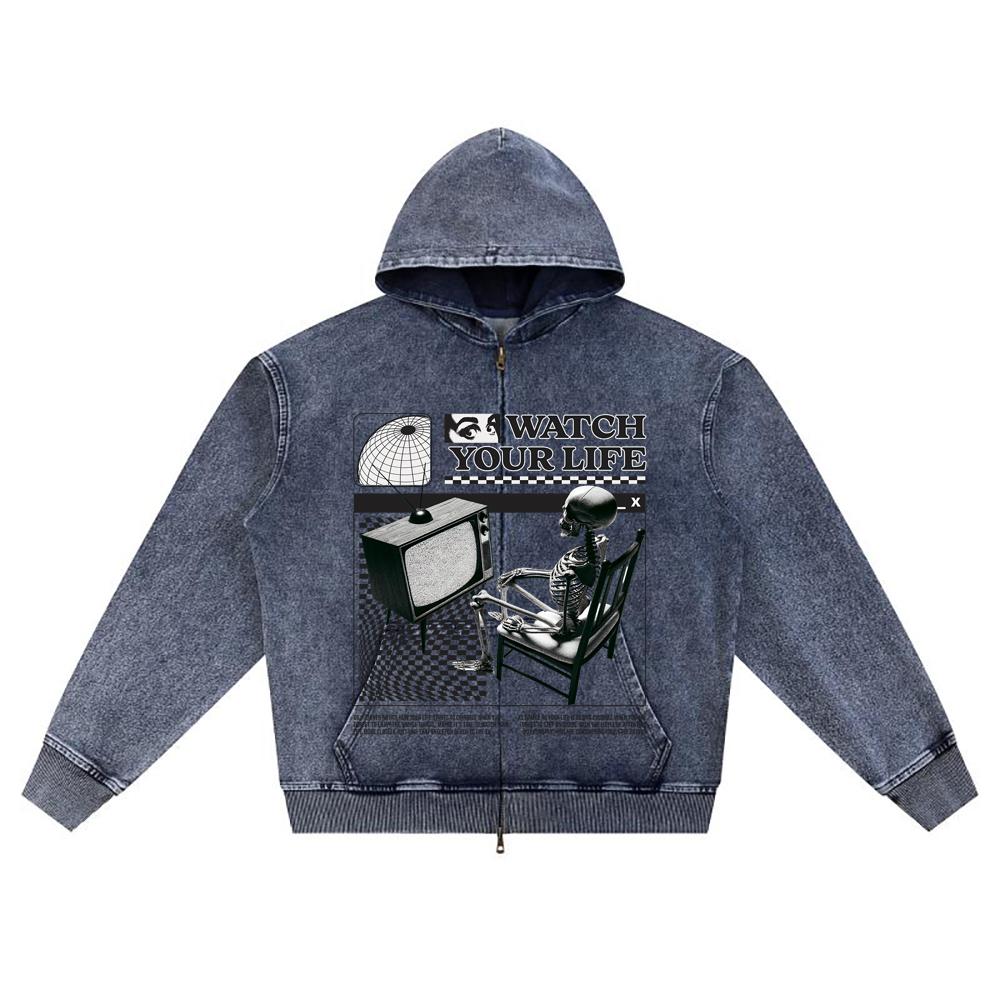 

DTG print Knitted Denim Zip-Up Hoodie Watch Your Life Brother Print Zipper Hoodies XL