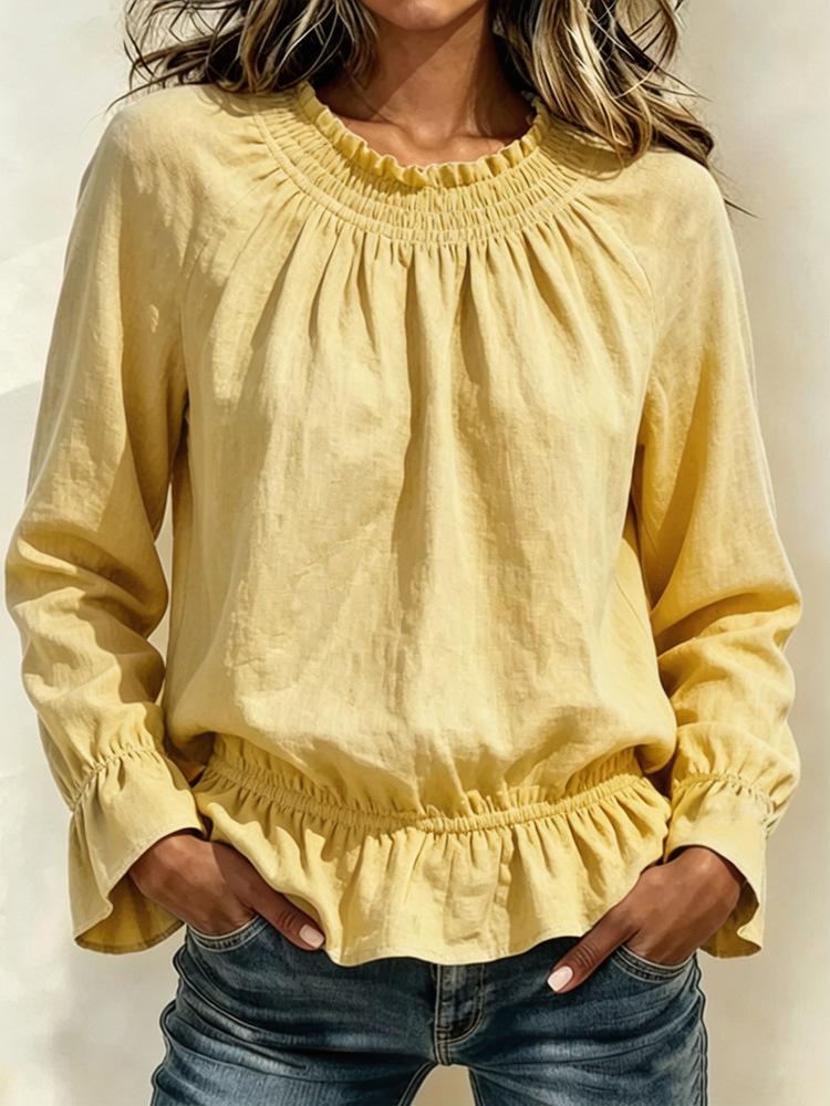 Women's Casual Color Long Sleeve Ruffle Blouse with Round Neck