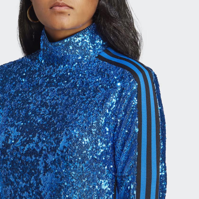 Adidas Originals Blue Version Series Sequin Trim Irregular Hem High Neck Long Sleeve Dress Women Dresses HR3414