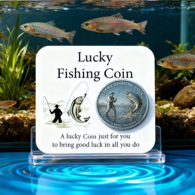 Lucky Fishing Coin with Card Engraved Fisherman Catching Big Fish Collectible Coin Good Luck Charm for Fishing Enthusiast Keepsake Token for Anglers