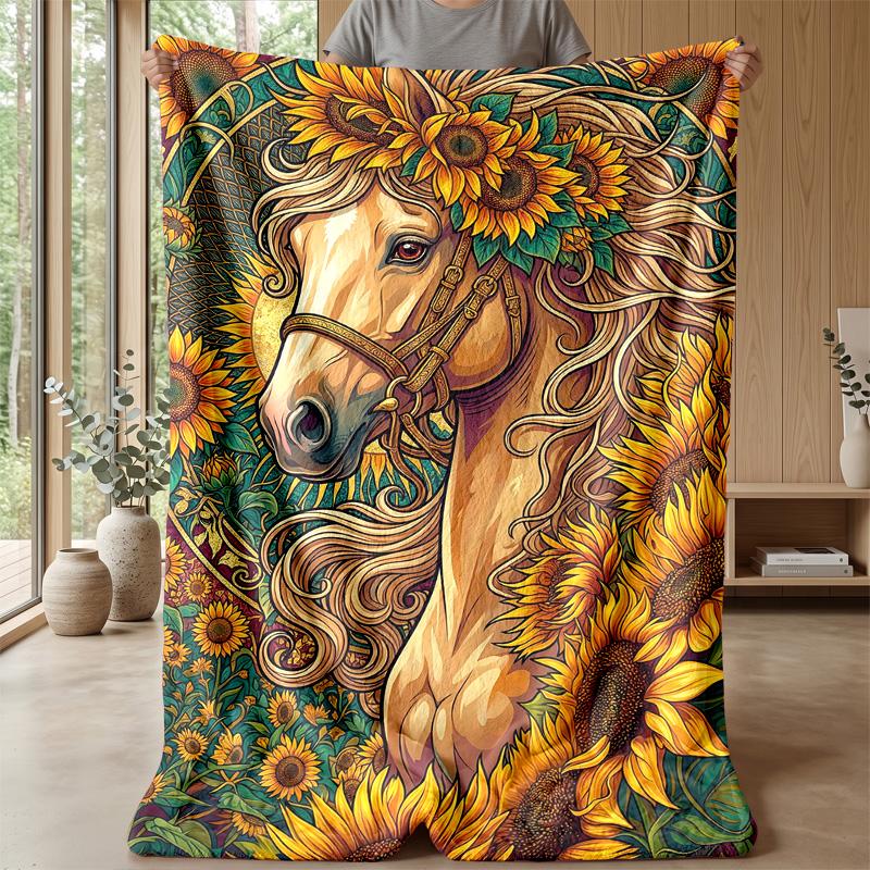 Horse Amidst Floral Splendor Theme Blanket Lightweight Warm Flannel Blanket Decorative Throw Blanket for Home Decoration