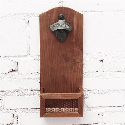 Abridor de Botellas de Cerveza Montado en la Pared Abridor de Botellas de Soda Cerveza Vino de Madera Abridor de Botellas Vintage con Recogedor de Tapas para Cocina Fiesta Bar