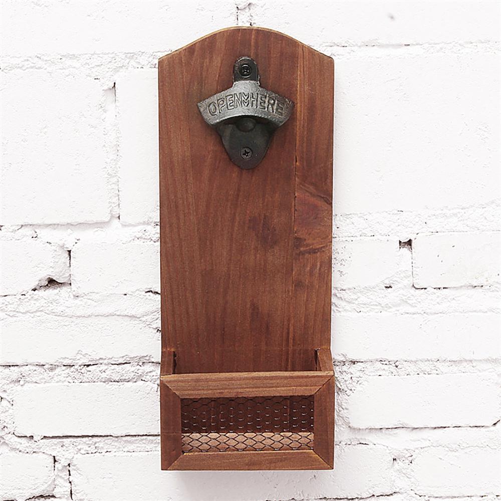 Wall Mounted Beer Bottle Opener Wooden Soda Beer Wine Bottle Opener Vintage Bottle Opener with Cap Catcher for Kitchen Party Bar