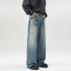 Retro Ink Splashing Print Jeans Men's Old Washed Loose Casual Autumn American High Street Straight Trousers