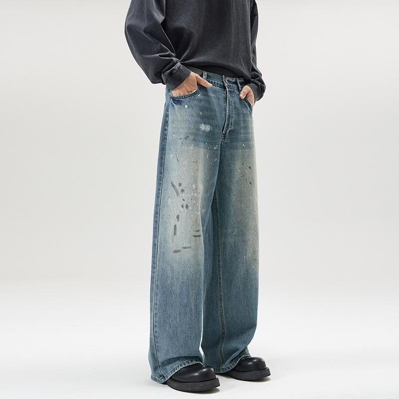 Retro Ink Splashing Print Jeans Men's Old Washed Loose Casual Autumn American High Street Straight Trousers