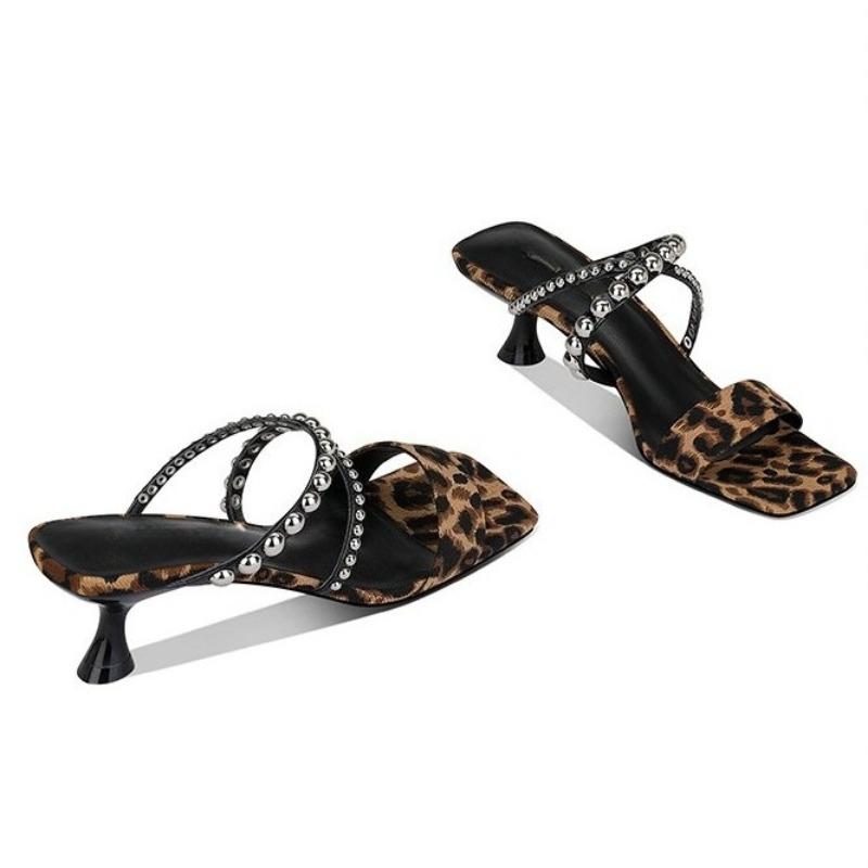 

Leopard Print Flip Slippers 2026 Summer New Square Toe Open Toe Studded Non-slip Pumps 34 цветной печати леопарда