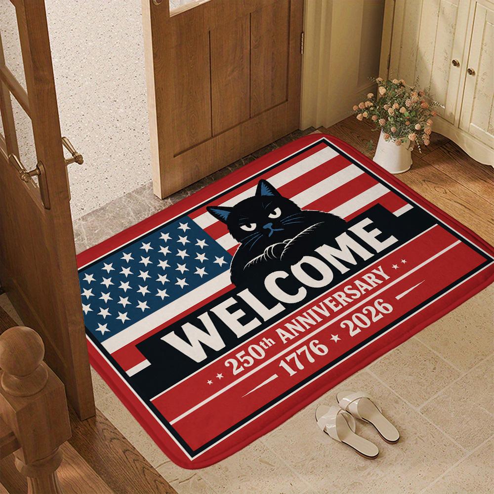 Black Cat America 250th Anniversary Doormat Funny Patriotic Entrance Rug 1776 2026 Non-Slip Welcome Mat US Independence Decor