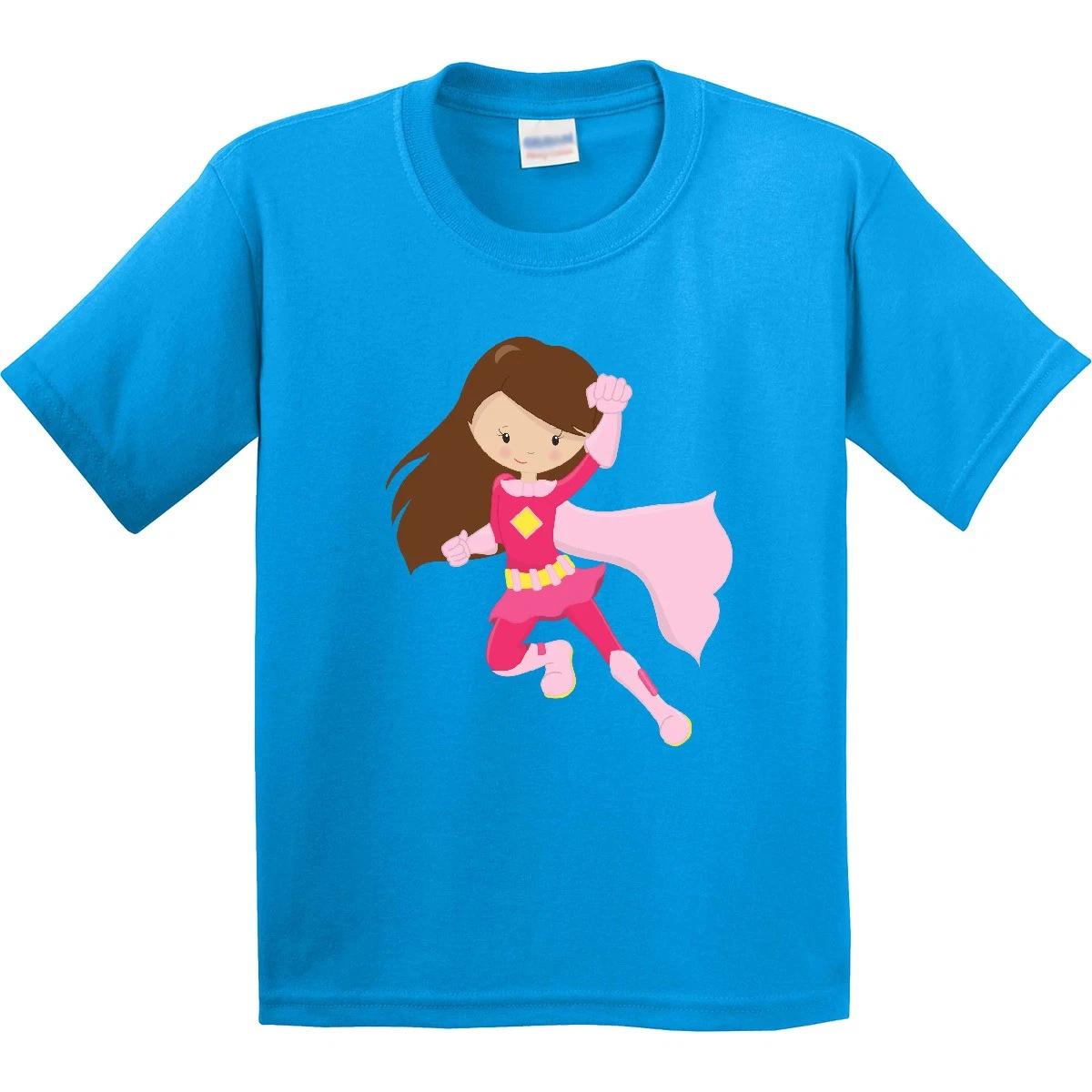 Inktastic Superhero Girl, Cute Girl, Brown Hair, Pink Cape Youth kids boys T-Shirt Little 140