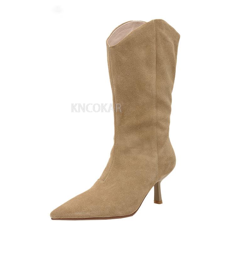 Women's stiletto heel 2025 pointed toe middle boot western cowboy boots fall/winter frosted high-heeled knight boots Thin legs