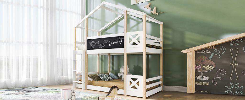 (=517234AAW) Children's Bed Treehouse with Slide & Ladder 90 X 200 Cm, Loft Bed for Children – 2x Slatted Frame - Natural & White
