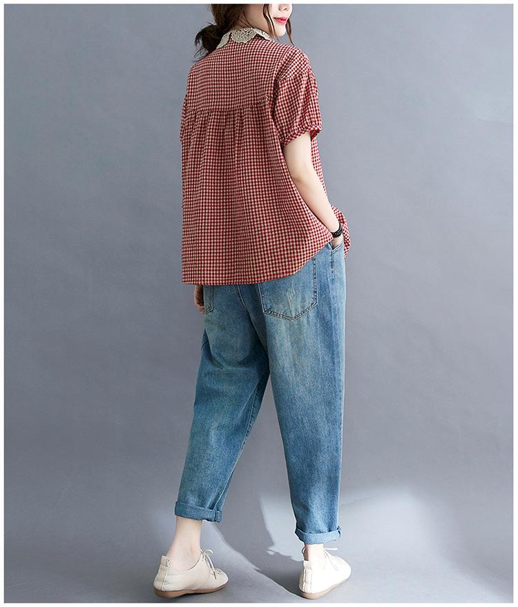 2021 Letní Nadměrná Velikost Patchwork Dámská Bavlněná Lněná Kostkovaná Košile s Peter Pan Límcem Zeštíhlující Krátký Rukáv