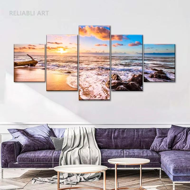 5 Stück Cleopatra Ozean Leinwandbild Wandkunst Oranger Himmel Ozeanstrand Multi Türkei Sandstrand Sonnenaufgang Wanddekoration Ohne Rahmen