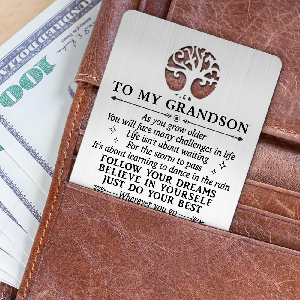 To My Grandson I Love You Wallet Card, Engraved Metal Wallet Insert Card with Love Note from Grandpa Grandma, Inspirational Gifts Graduation