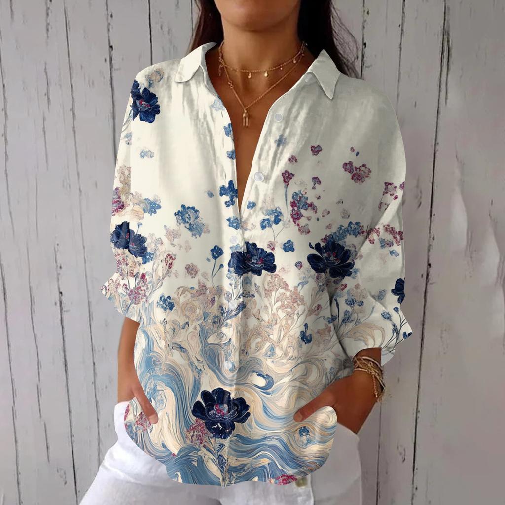Women's Fashion Seven Sleeve Casual Lapel Back Tie Shirt Printed T-Shirt Top