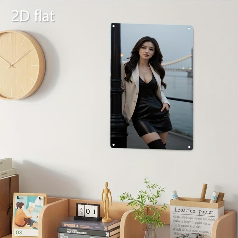 Wall Art Metal Sign - Korean Beauty Icon with City Night Scene, Durable Iron for Home Decor Cafe Bar