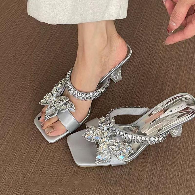 Fashion Women Crystal High Heels Slippers Luxury Sexy Sandals Square Toe Shoes Summer 2025 New Designer Party Shoes Open Toe Flip Flops